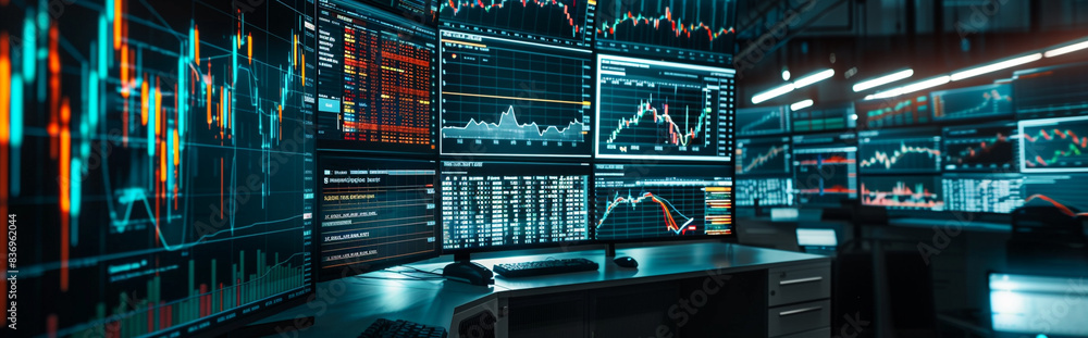A panoramic view of a stock market graph displayed on multiple monitors, capturing the complexities of financial data with high-definition precision. A panoramic view of a stock market graph displayed on multiple monitors, capturing the complexities of financial data with high-definition precision.