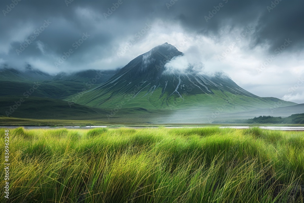 Fototapeta premium Grassy mountain under cloudy sky