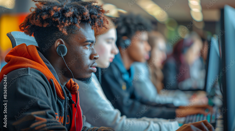 Obraz premium Diverse students using computers to learn about big data and machine learning