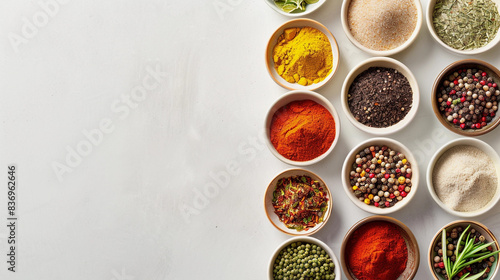 Fototapeta Naklejka Na Ścianę i Meble -  Top-Down View of Aromatic Spices in Ceramic Dishes on Modern White Table