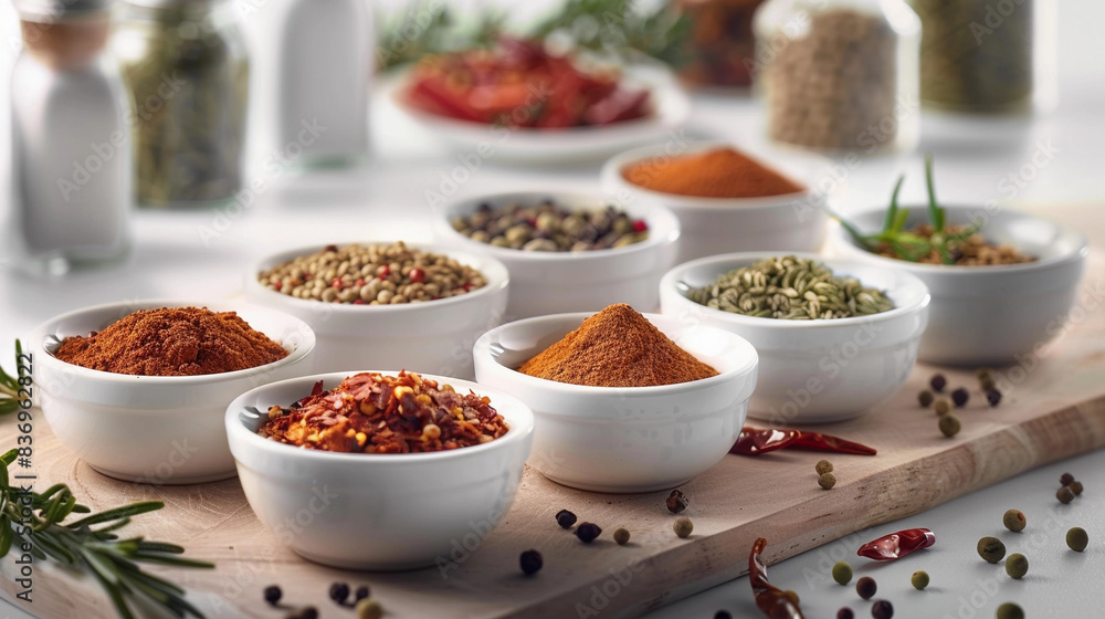 Assortment of Aromatic Spices in Ceramic Dishes on Modern White Table Assortment of Aromatic Spices in Ceramic Dishes on Modern White Table