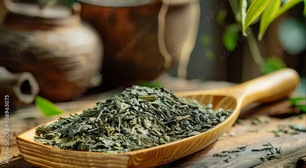Fresh Chinese tea leaves on a wooden dustpan. Generative AI. Fresh Chinese tea leaves on a wooden dustpan. Generative AI.