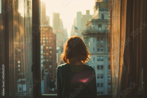 A woman stands in front of a window, gazing out at the cityscape