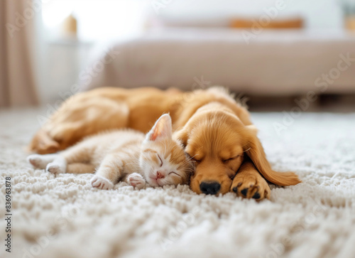 a cute cat and dog sleeping together on a white carpet at home
