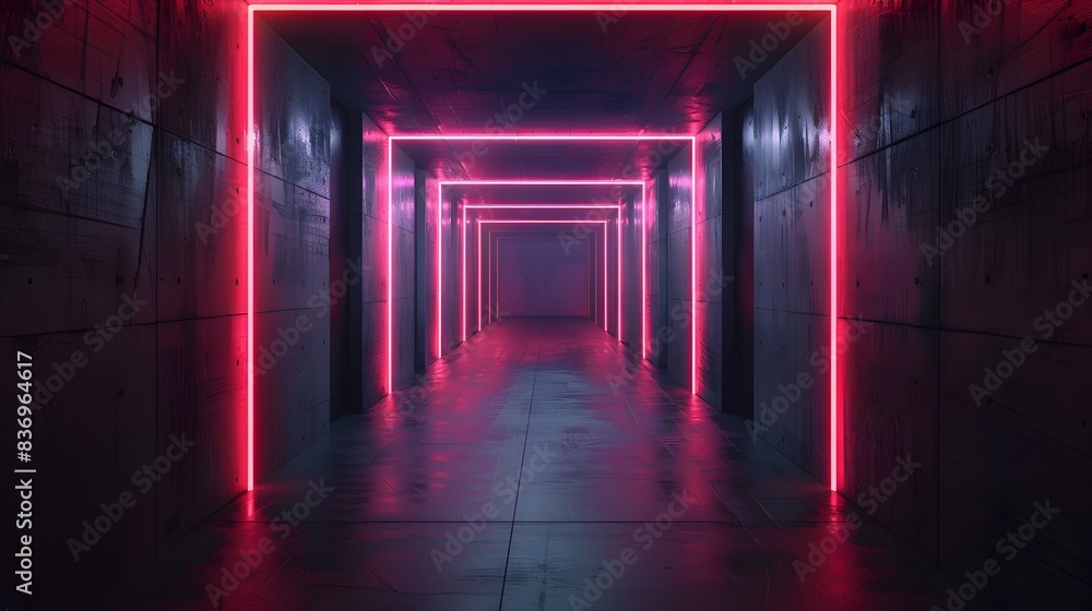 Dramatic Neon-Lit Interior Tunnel - Futuristic Architectural Passageway with Glowing Lights Dramatic Neon-Lit Interior Tunnel - Futuristic Architectural Passageway with Glowing Lights
