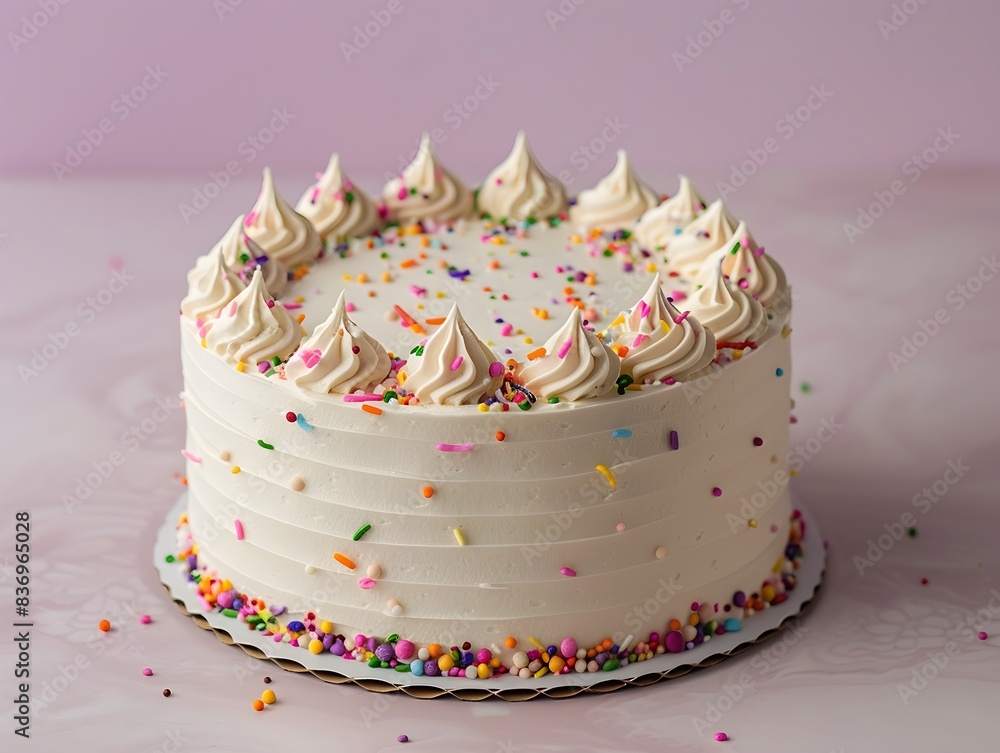 Delectable Birthday Cake with Colorful Sprinkles on Soft Lilac Background Delectable Birthday Cake with Colorful Sprinkles on Soft Lilac Background