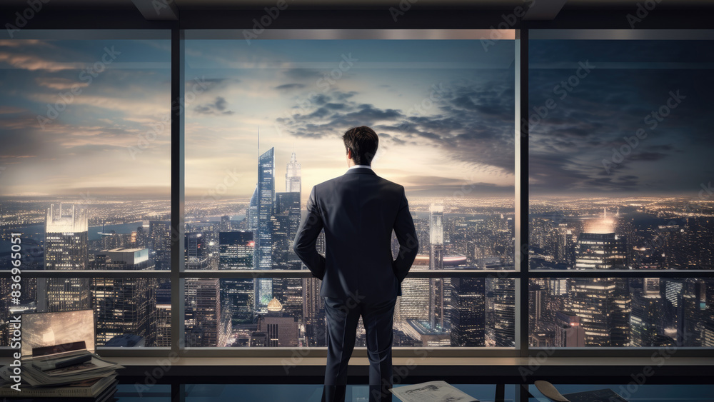A businessman stands in a modern high-rise office, gazing at the expansive city skyline as the evening sets in, reflecting on future ambitions and goals. A businessman stands in a modern high-rise office, gazing at the expansive city skyline as the evening sets in, reflecting on future ambitions and goals.