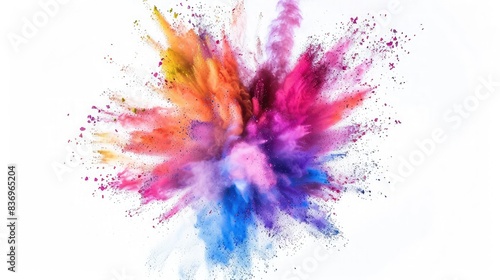 An explosion of colored powder resembling a rainbow is creating a vibrant pattern on a white background, showcasing shades of pink, violet, magenta, and more in an artistic display,Explosion 
 photo