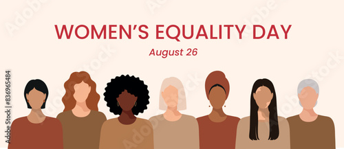 Postcard, banner with a group of faceless women of different skin color, nationality, religion. National Women's Equality Day, USA. Inspiring inclusion. Flat vector illustration EPS10