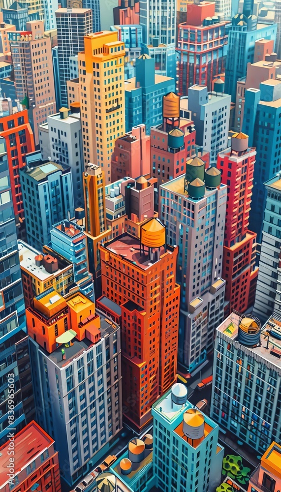 Obraz premium Colorful urban skyline showcasing a dense cluster of tall and vibrant skyscrapers, highlighting the modern architectural beauty of the cityscape.