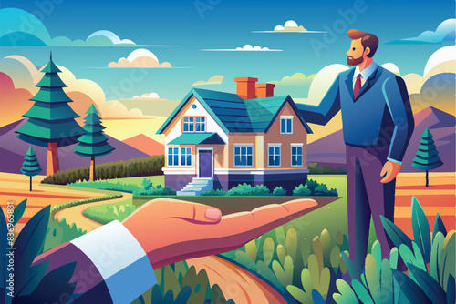 A stylized hand holding a house. It is bright and colorful. topic for discussion of real estate market, investments