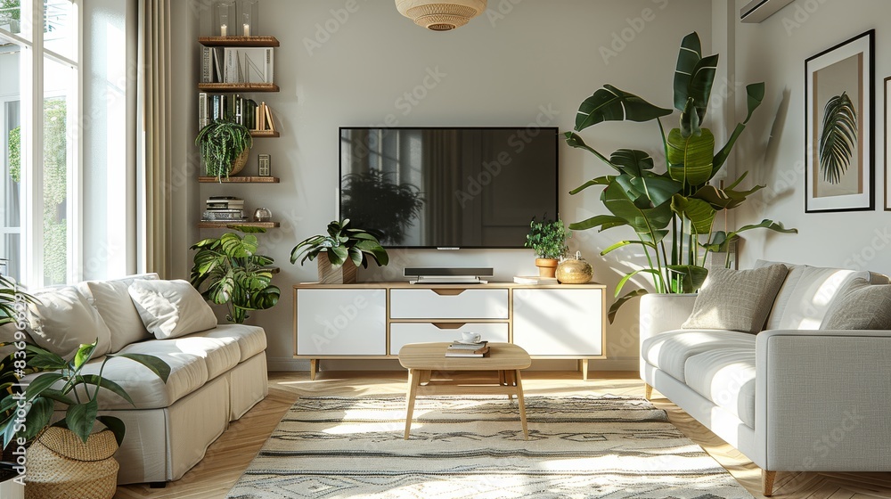 TV cabinet in a Scandinavian decor living room, elegant and modern design. Generative AI. TV cabinet in a Scandinavian decor living room, elegant and modern design. Generative AI.