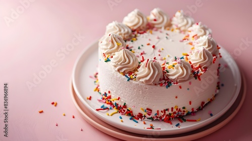 Delectable Birthday Cake with Creamy Frosting and Festive Sprinkles on Plain Pink Background