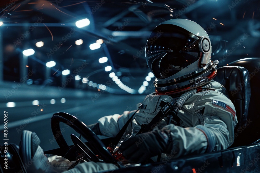 Race car driver in full gear intensely navigates the track at night