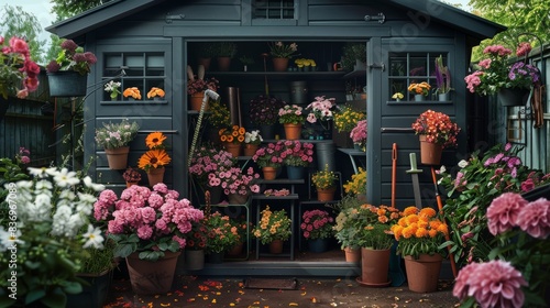 A black garden shed, filled with vibrant-colored flowers and gardening tools. Generative AI. © visoot