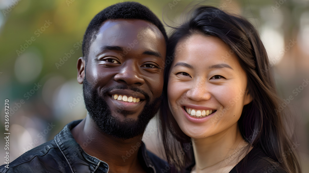Close-up of a happy interracial couple smiling together outdoors. Captures love and joy in a natural, outdoor setting. Close-up of a happy interracial couple smiling together outdoors. Captures love and joy in a natural, outdoor setting.