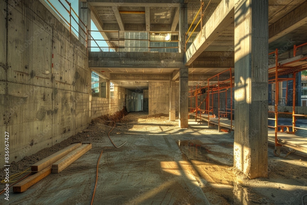 A busy construction site with scaffolding in place A busy construction site with scaffolding in place