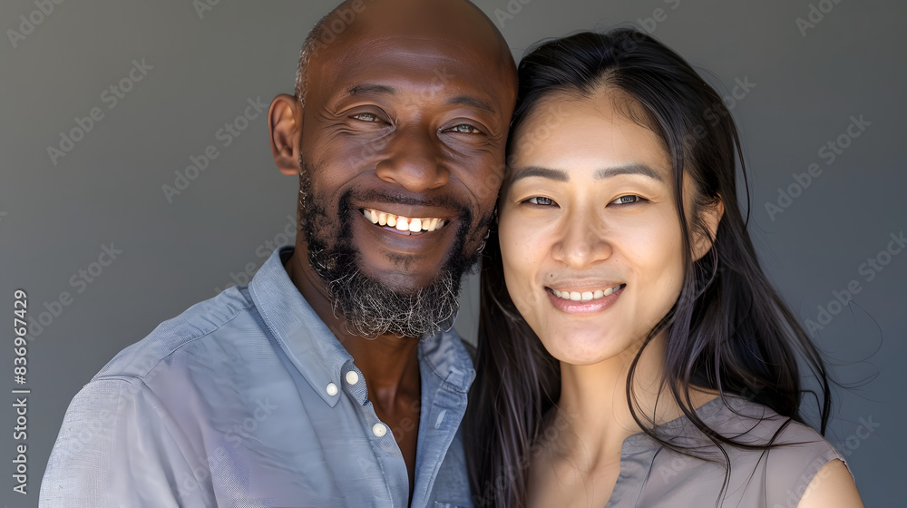 Happy interracial couple smiling together, highlighting their joy and love. Captured with a neutral background, emphasizing their connection and warmth. Happy interracial couple smiling together, highlighting their joy and love. Captured with a neutral background, emphasizing their connection and warmth.
