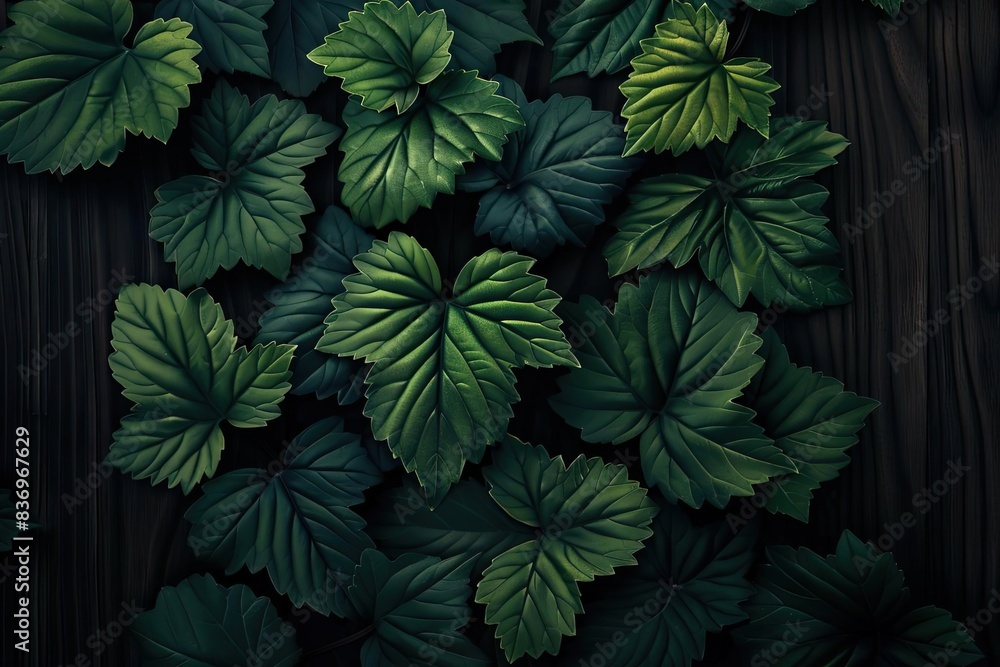 Vibrant green leaves against a dark wooden background create a calming, nature-inspired aesthetic for your projects and designs. Vibrant green leaves against a dark wooden background create a calming, nature-inspired aesthetic for your projects and designs.