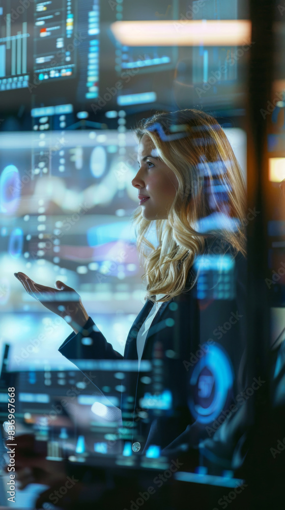 A woman is looking at a computer screen with a lot of numbers and graphs A woman is looking at a computer screen with a lot of numbers and graphs