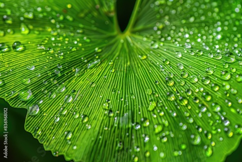 Close-up of a green leaf with water droplets, showcasing intricate textures and details, perfect for nature and botanical themes.