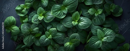 Fresh green mint leaves with water droplets, close-up. Ideal for backgrounds, nature themes, or organic product advertising.
