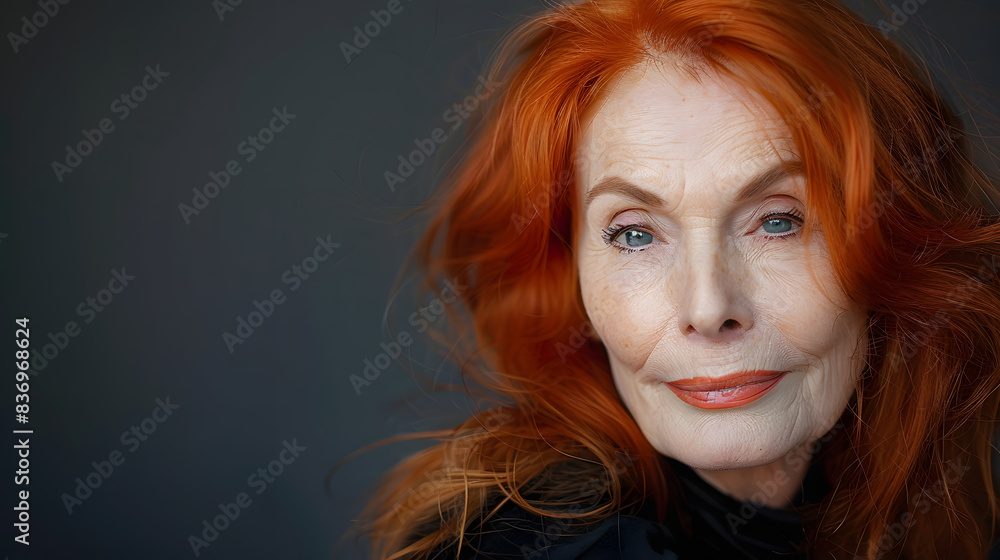 legant older woman with long red hair, wearing a black top, looking thoughtfully at the camera. Emphasizes beauty, wisdom, and individuality. copy space legant older woman with long red hair, wearing a black top, looking thoughtfully at the camera. Emphasizes beauty, wisdom, and individuality. copy space