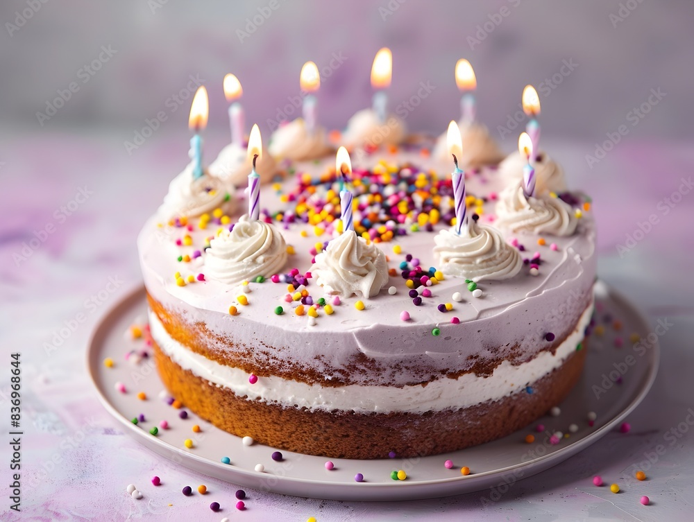 Delectable Birthday Cake with Vibrant Sprinkles on Soft Lilac Background Delectable Birthday Cake with Vibrant Sprinkles on Soft Lilac Background