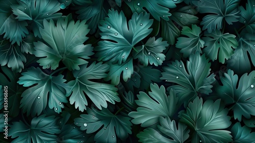 Vibrant close-up of lush, green tropical leaves with water droplets, perfect for nature-themed backgrounds and botanical designs. photo