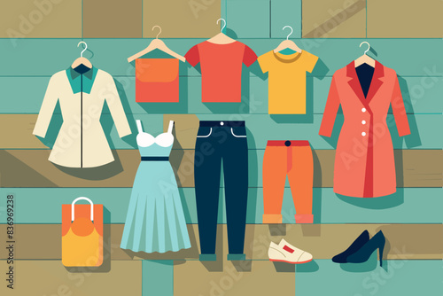 items of clothing and accessories spread out on the wooden floor. This includes outerwear and handbags. All items are brightly colored and neatly arranged, which may indicate a change of season or clo