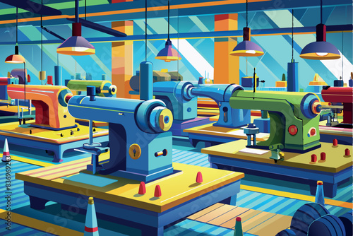a range of sewing machines, could be a textile factory or a tailoring workshop. Each machine is equipped with spools of thread, adjustment knobs and needles.
