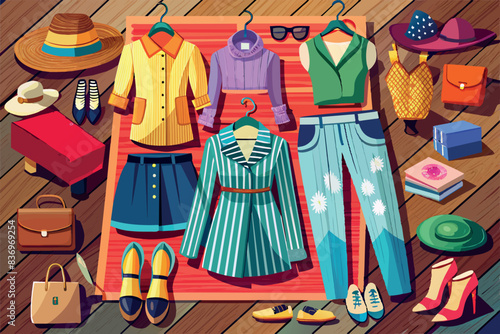 items of clothing and accessories spread out on the wooden floor. This includes outerwear and handbags. All items are brightly colored and neatly arranged, which may indicate a change of season or clo