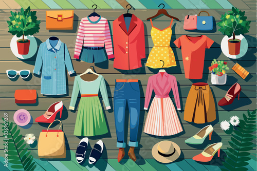 items of clothing and accessories spread out on the wooden floor. This includes outerwear and handbags. All items are brightly colored and neatly arranged, which may indicate a change of season or clo