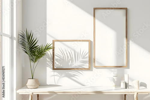 Two blank frames on a white wall  a potted plant on a table  and natural light creating dynamic shadows  enhancing the minimalist and serene decor. mockup