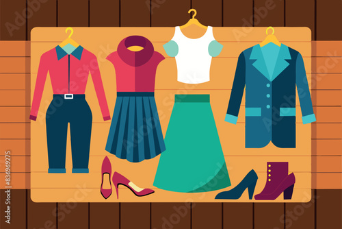 items of clothing and accessories spread out on the wooden floor. This includes outerwear and handbags. All items are brightly colored and neatly arranged, which may indicate a change of season or clo