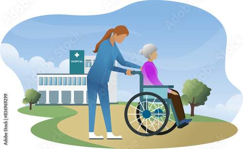 grandparents on wheelchair taking care by caregiver vector graphic illustration