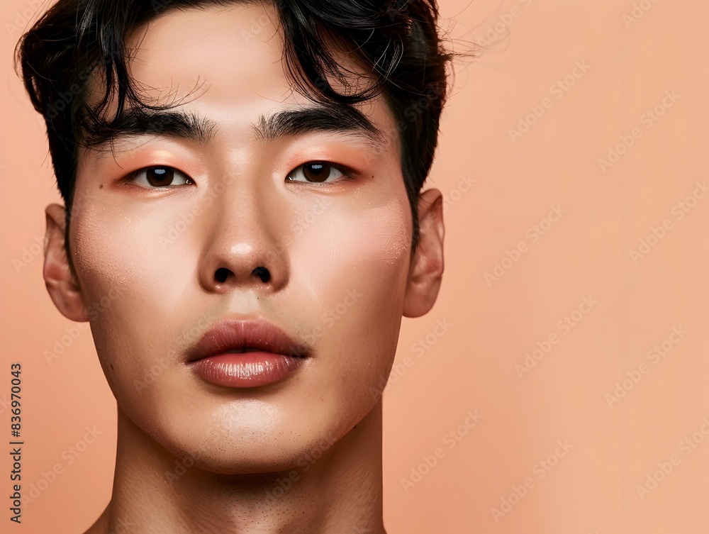 Handsome Korean Man s Face Showcasing Decorative Skincare Advertising on Plain Peach Background Handsome Korean Man s Face Showcasing Decorative Skincare Advertising on Plain Peach Background