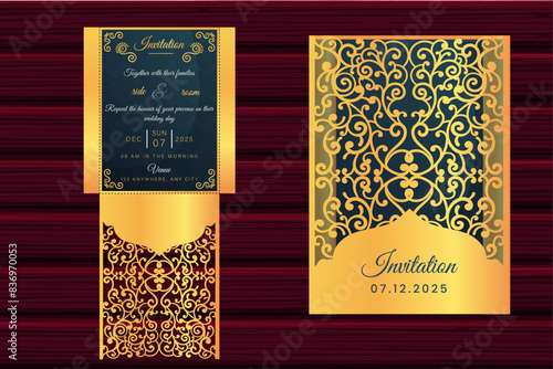 Wedding invitation or greeting card with vintage ornament. Wedding invitation envelope mock-up for laser cutting. Vector illustration.