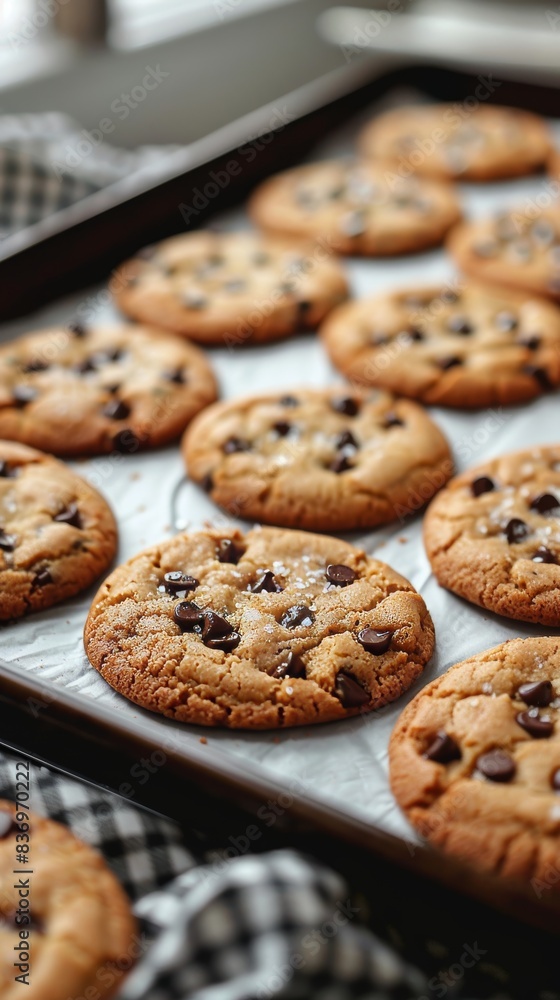 Freshly baked cookies on baking sheet, minimalistic style, white background, homemade dessert