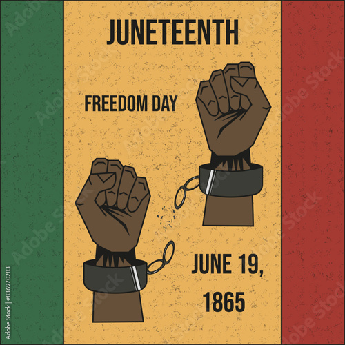 Juneteenth holiday Poster cover design. Freedom Day concept with hand and brocken shackles. Retro Noise texture vector can used web and social media poster, banner, flyer print. Editable stroke. 