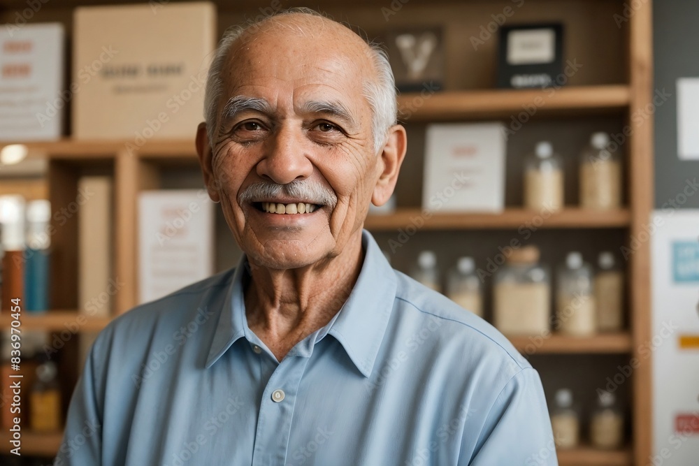 Obraz premium Successful senior Latin man with her small business, smiling and looking at the camera, copy space.