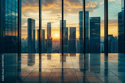 Modern city skyscraper, business office architecture. Urban building with finance reflection, exterior design. Tall high rise, futuristic perspective. Glass window, downtown
