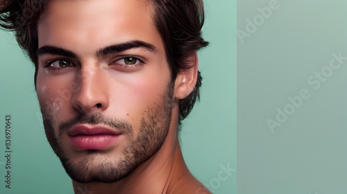 Handsome Brazilian Man s Face in Advertising Skincare Campaign on Green Background