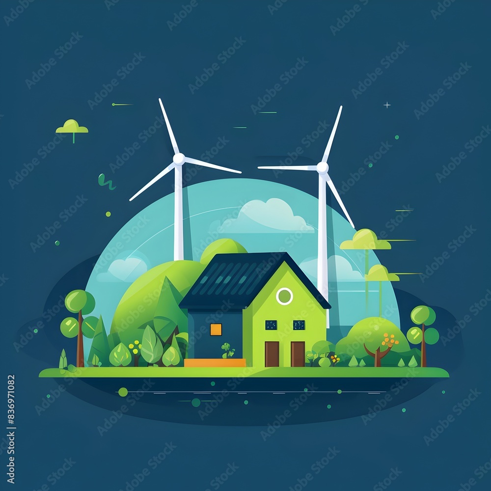 Sustainable energy-efficient home with wind turbines in a rural landscape Sustainable energy-efficient home with wind turbines in a rural landscape