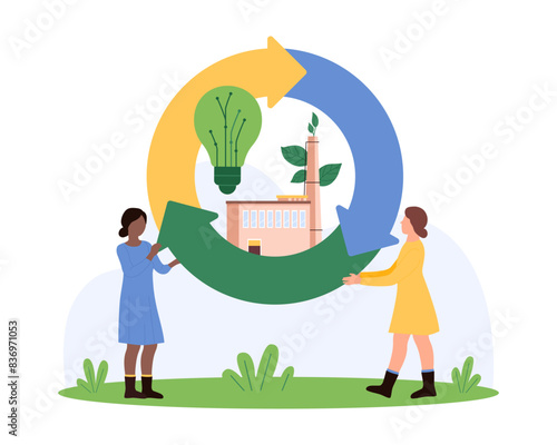Circular economy development, sustainable energy resources and waste recycle technology. Tiny people holding circle arrows with factory, light bulb and leaf inside cartoon vector illustration