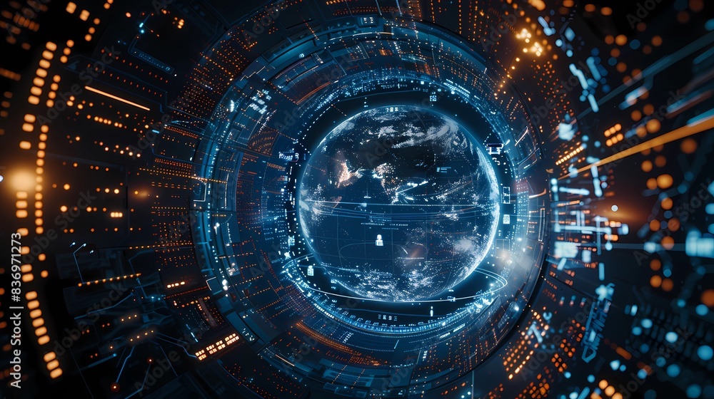Fototapeta premium Abstract of a globe 5G communication elements, artificial intelligence, data management, digital manufacturing, Generative AI illustrations.