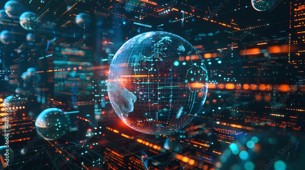 Abstract of a globe 5G communication elements, artificial intelligence, data management, digital manufacturing, Generative AI illustrations. Abstract of a globe 5G communication elements, artificial intelligence, data management, digital manufacturing, Generative AI illustrations.