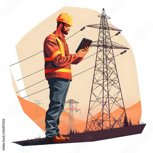 engineer inspecting power grid at sunset isolated on white background, png © Stock