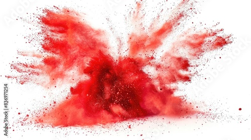 Freeze motion of red powder exploding, isolated on white background. Abstract design of red dust cloud. Particles explosion screen saver, wallpaper,Freeze motion of red powder exploding, isolated 
 photo