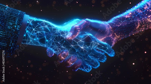 A handshake between a human and a digital hand, between two hands, Generative AI illustrations. 
